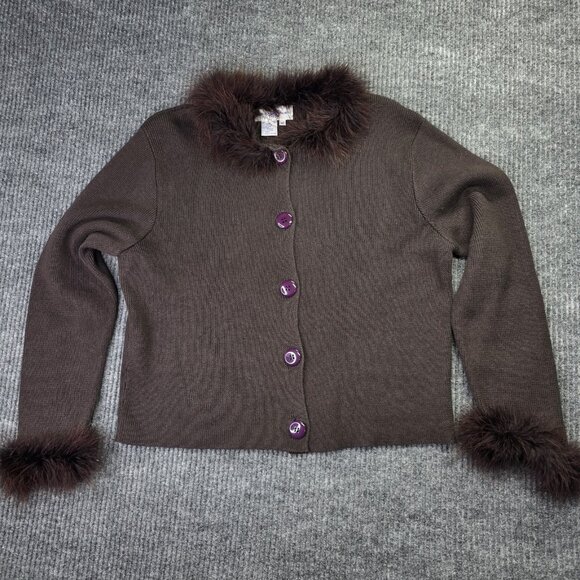 Rebecca Thomas Sweater Womens Medium Brown Feather Trim Cardigan Button Up - Picture 7 of 14